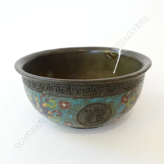 CHINESE BRONZE BOWL w. ENAMEL DECORATION 170mm dia