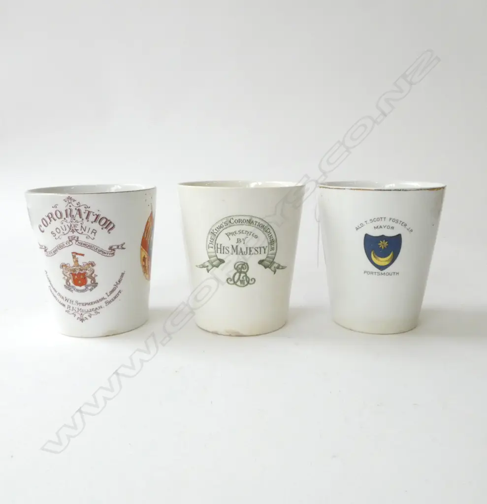 3 ROYALTY BEAKERS 1902 KINGS CORONATION DINNER ROYAL DOULTON, 1911 ETC, H.100MM Image 1++