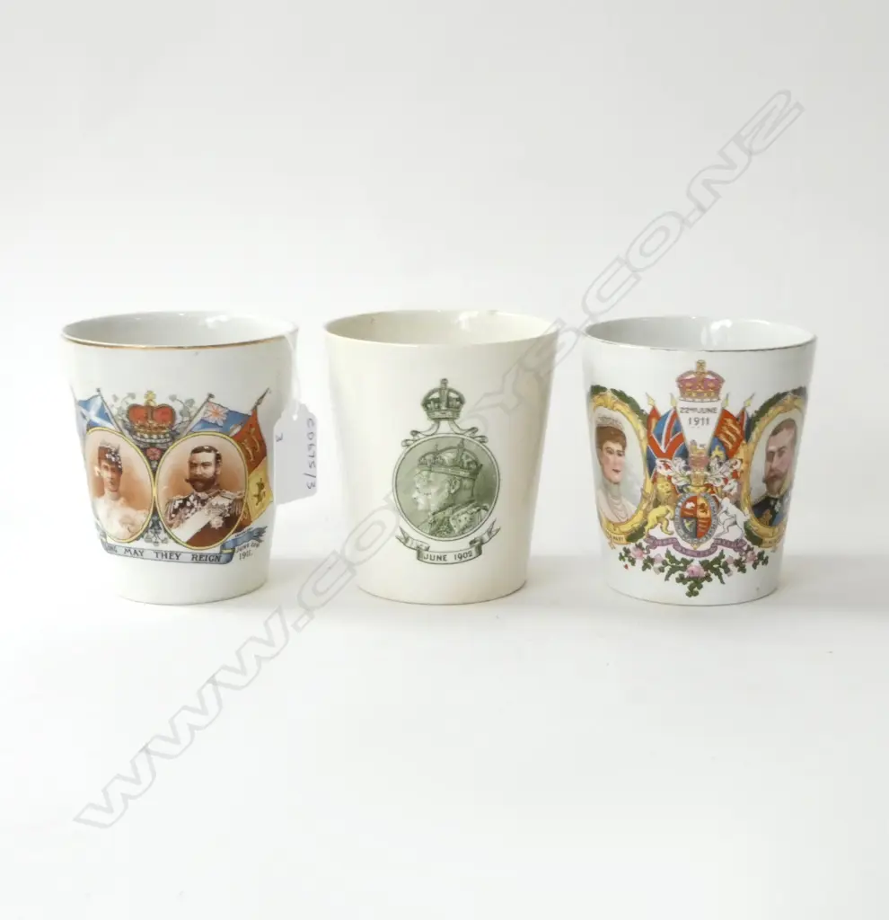 3 ROYALTY BEAKERS 1902 KINGS CORONATION DINNER ROYAL DOULTON, 1911 ETC, H.100MM Image 1++