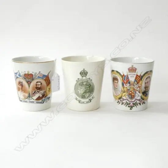 3 ROYALTY BEAKERS 1902 KINGS CORONATION DINNER ROYAL DOULTON, 1911 ETC, H.100MM