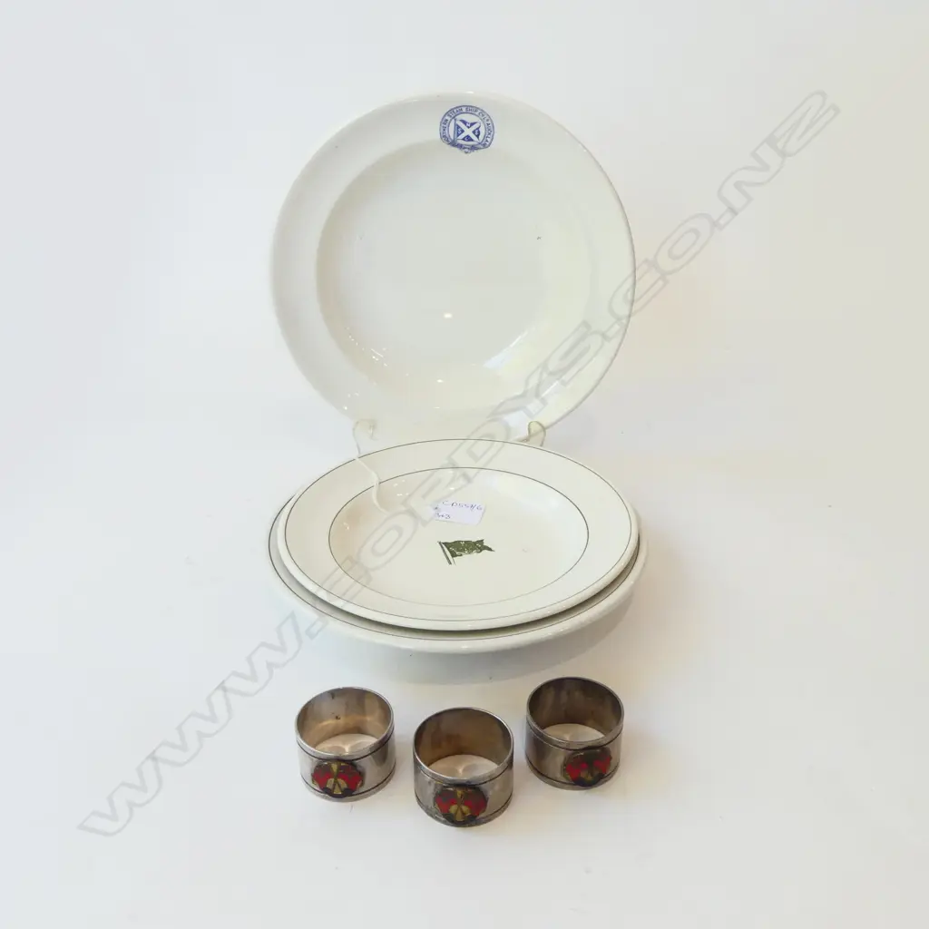 2 USSCo PLATES + NORTHERN STEAM SHIP Co. Ld. AUCKLAND BOWL 250mm dia + 3 S.S. MONOWAI EP NAPKIN RINGS Image 1++