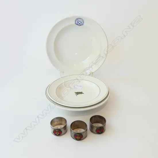 2 USSCo PLATES + NORTHERN STEAM SHIP Co. Ld. AUCKLAND BOWL 250mm dia + 3 S.S. MONOWAI EP NAPKIN RINGS