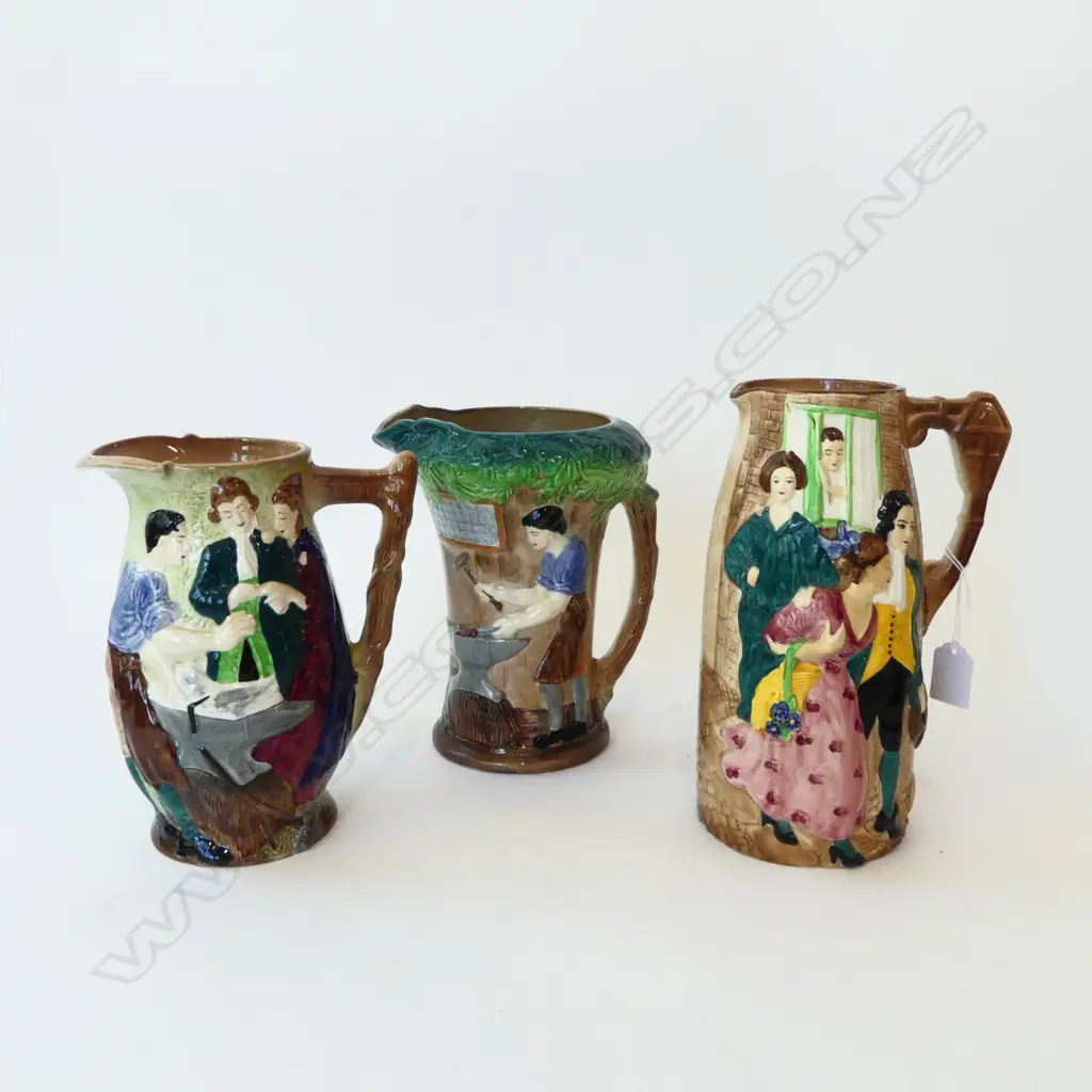 3 BURLEIGH WARE JUGS; SALLY IN OUR ALLEY, RUNAWAY MARRIAGE, VILLAGE BLACKSMITH H.245mm Image 1++