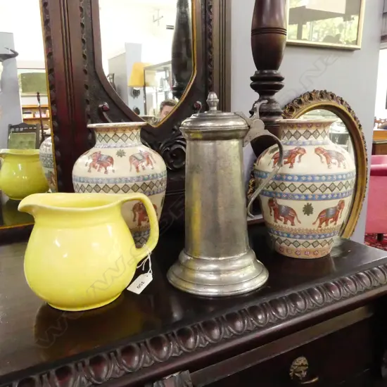 PR VASES, PEWTER TANKARD H.260mm, YELLOW CROWN LYNN JUG (RIM REPAIRED)