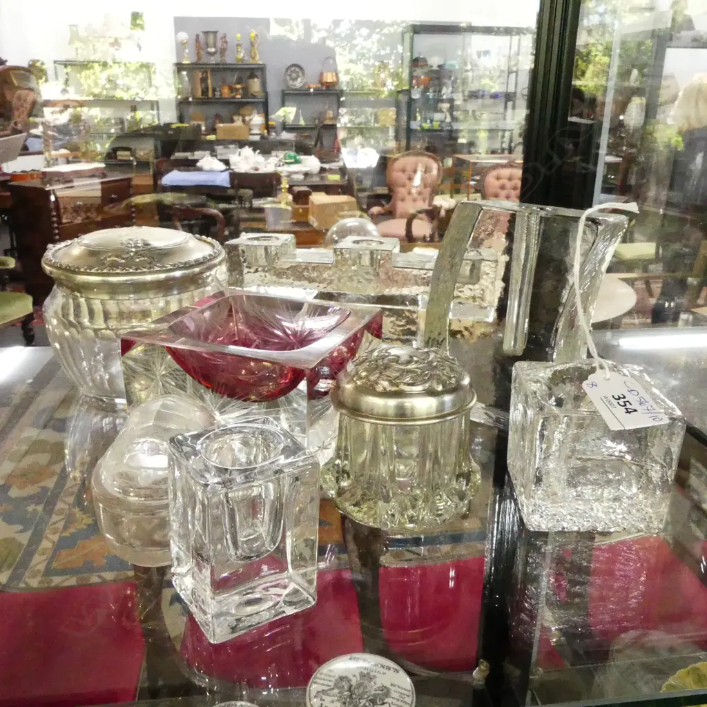 8 PCES ASST. GLASS; 4 LIDDED CONTAINERS, CANDLESTICK W.185mm etc Image 1++
