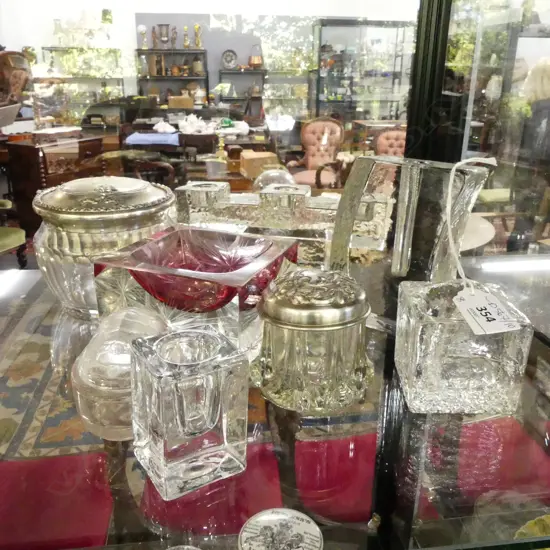 8 PCES ASST. GLASS; 4 LIDDED CONTAINERS, CANDLESTICK W.185mm etc