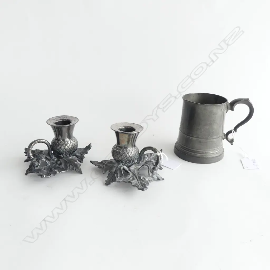 PEWTER TANKARD WITH INSCRIPTION ' WRC DOUBLE SCULLS …. 1900' WITH PAIR THISTLE CANDLESTICKS , MUG H.95mm Image 1++