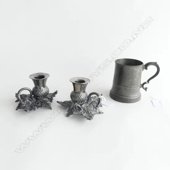 PEWTER TANKARD WITH INSCRIPTION ' WRC DOUBLE SCULLS …. 1900' WITH PAIR THISTLE CANDLESTICKS , MUG H.95mm