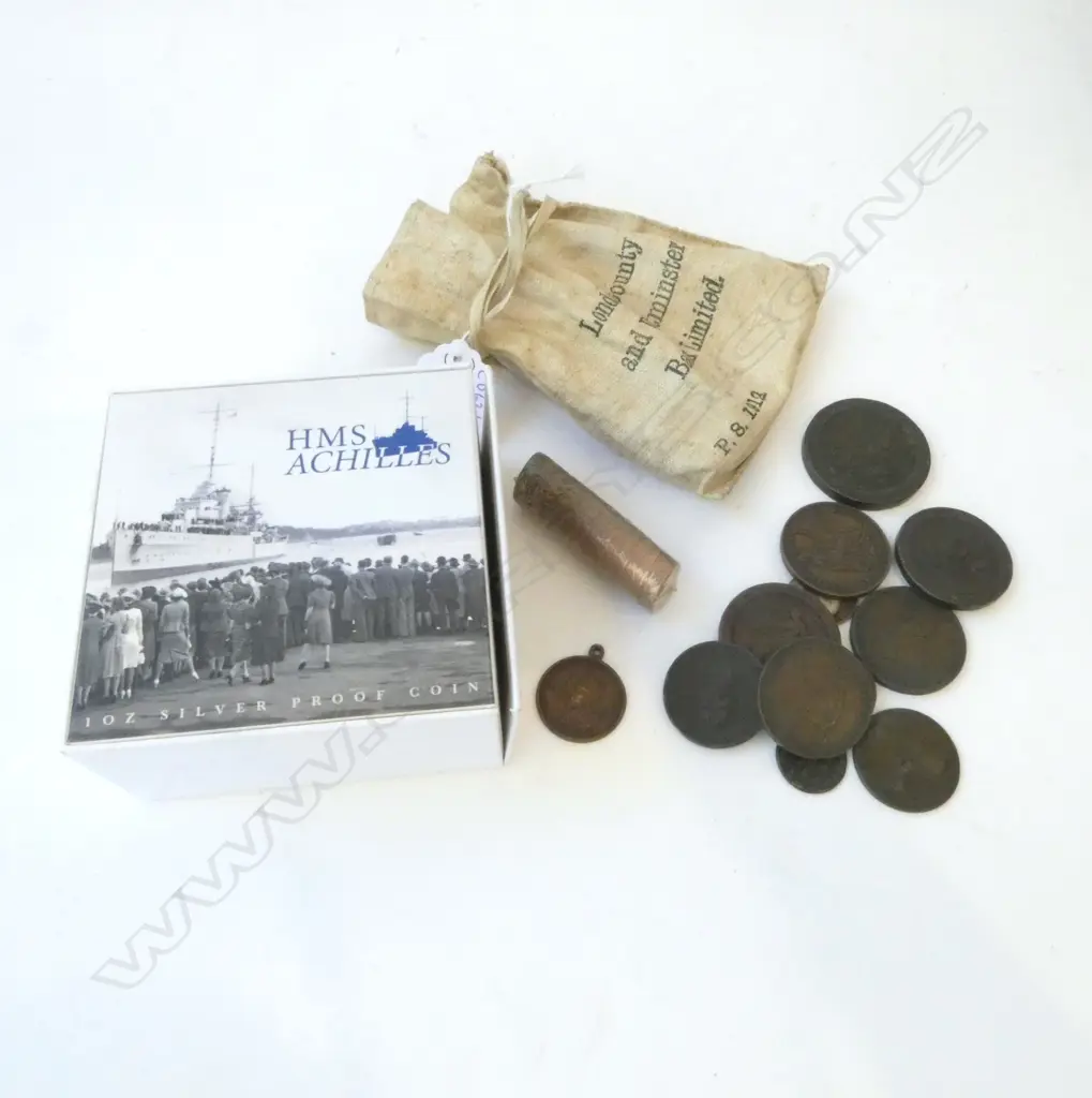 BAG OF BRONZE COINS GEO VICT ETC & HMS ACHILLES SILVER PROOF COIN Image 1++