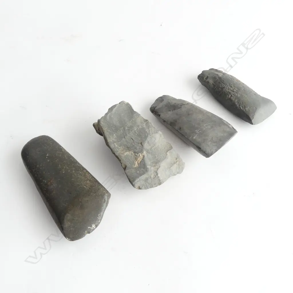 4 OLD PACIFIC STONE ADZES some flake chipping. Longest 107mm Image 1++