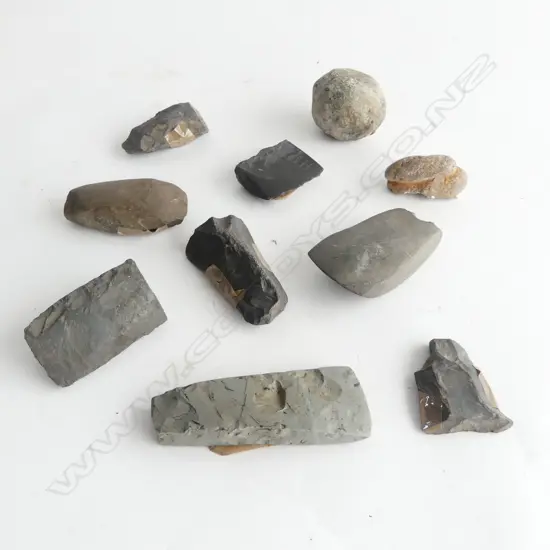 10 OLD PACIFIC STONE ADZES PART ADZES & WORKED? STONE ITEMS some chipping. Longest 90mm