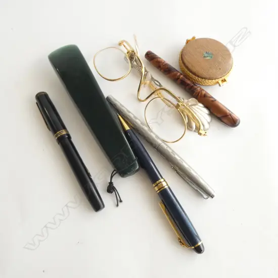 VARIOUS ITEMS; 4 PENS, RESIN HEI TIKI, PR MAKEUP GLASSES ETC