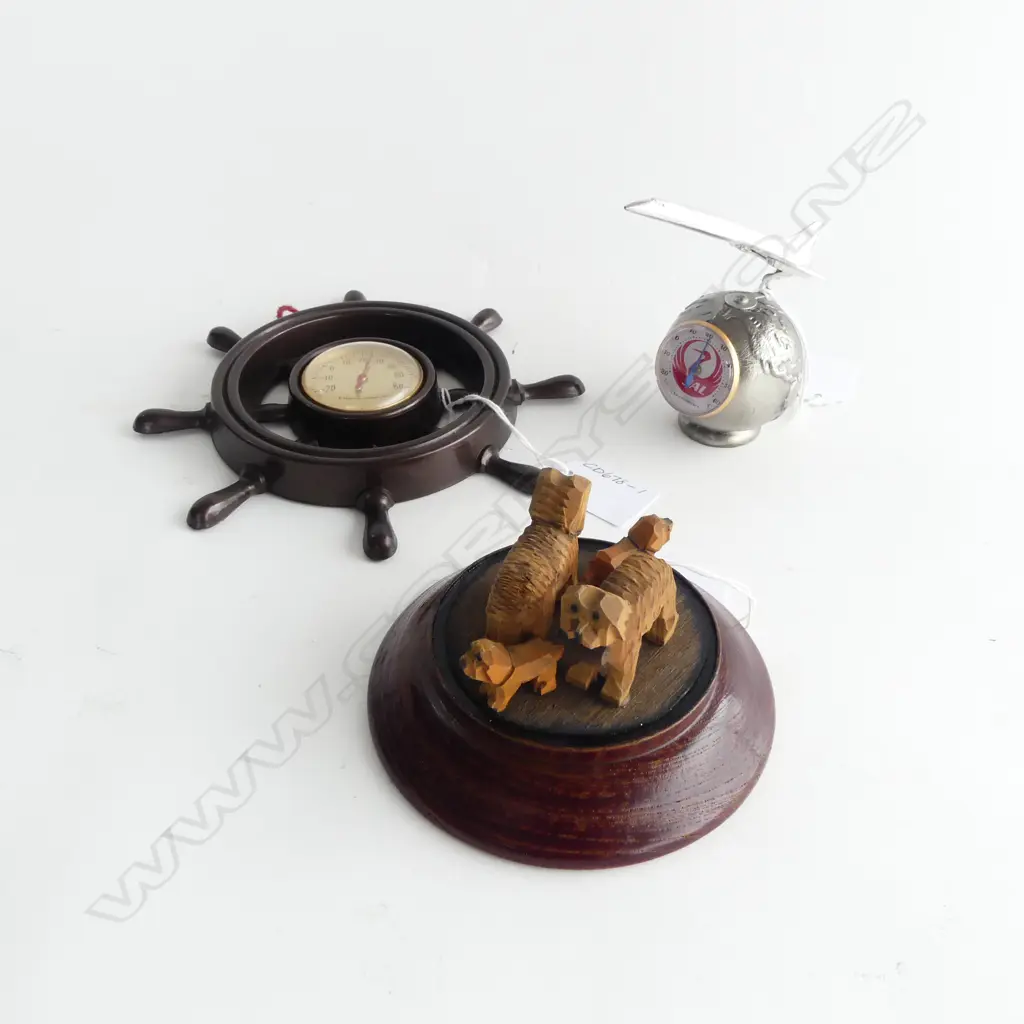 3 PCS VINTAGE JAPANESE; HANDCARVED GRP DOGS on STAND, JAL CONCORDE & WHEEL THERMOMETERS Image 1++