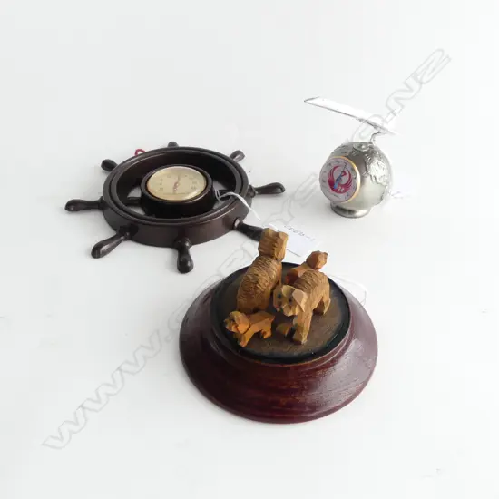 3 PCS VINTAGE JAPANESE; HANDCARVED GRP DOGS on STAND, JAL CONCORDE & WHEEL THERMOMETERS