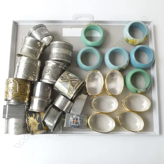 30 NAPKIN RINGS – INCLUDES ART NOUVEAU, FOLK ART, SILVER PLATED ETC 