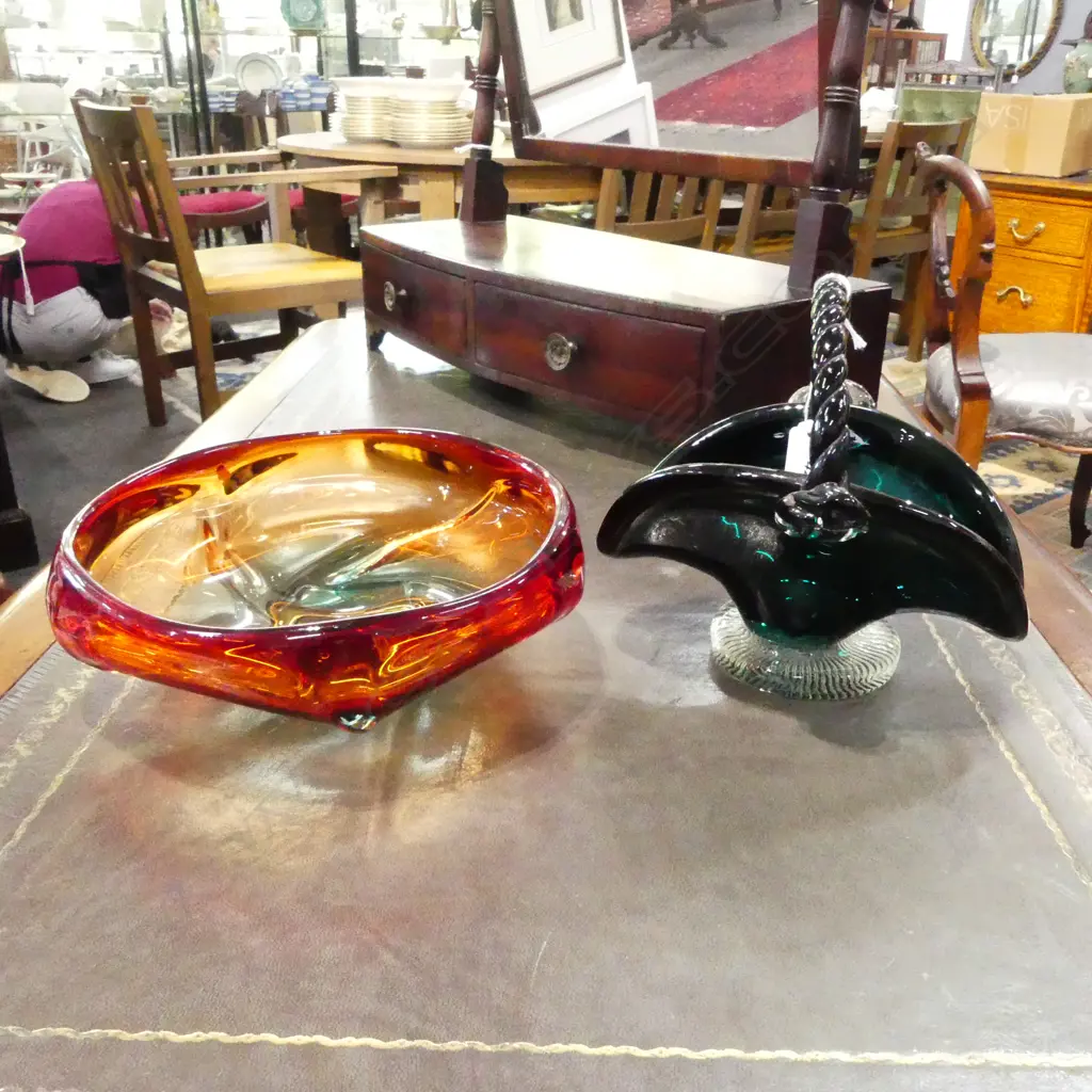 2 MURANO GLASS; ORANGE BOWL 225mm dia, GREEN BASKET Image 1++