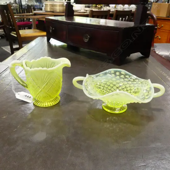 2 PCES URANIUM GLASS; JUG & BOWL 130mm dia