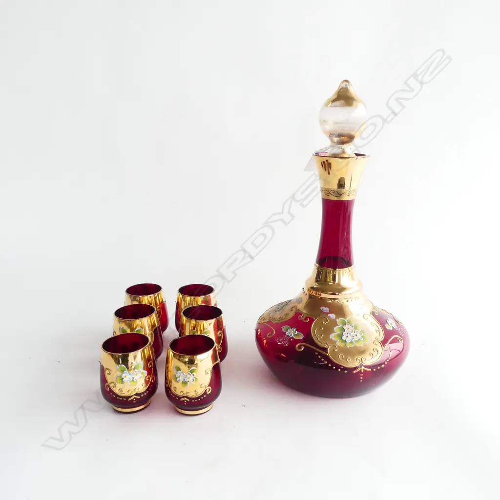 RED & GOLD VENETIAN GLASS MUSICAL DECANTER & 6 GLASSES H.345mm Image 1++
