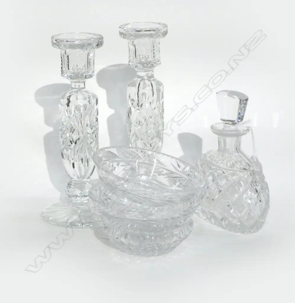 5 PCS CRYSTAL PR CANDLESTICKS H200MM  PERFUME BOTTLE H140MM & 2 DISHES DIA110MM Image 1++
