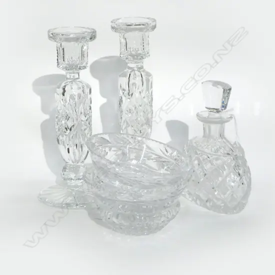 5 PCS CRYSTAL PR CANDLESTICKS H200MM  PERFUME BOTTLE H140MM & 2 DISHES DIA110MM