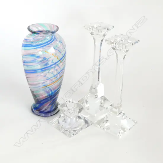 AUSTRALIAN STUDIO GLASS VASE BY EAMONN VEREKER 210MM PR CUT GLASS CANDLESTICKS H220MM & 1 OTHER H60MM