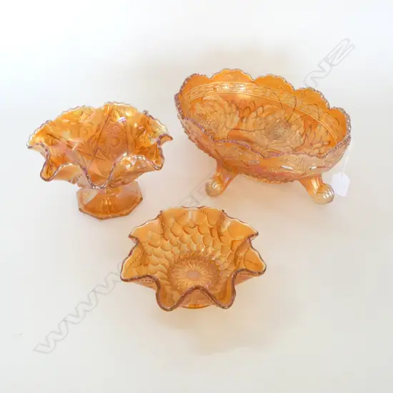 CARNIVAL 'THISTLE' BANANA BOAT & 2 OTHER CARNIVAL GLASS COMPORTS w.