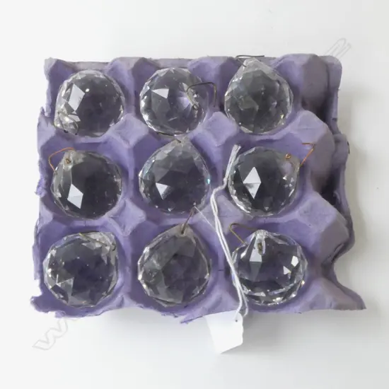 NINE VINTAGE CRYSTAL FACETED BALLS FOR HANGING, W.40MM 
