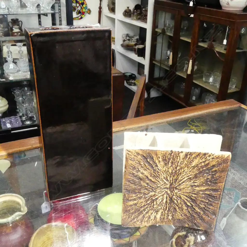 TALL BRUCE MARTIN? RECTANGULARO FORM VASE w. TENMOKU GLAZE H.370mm & CHARLES HOLME VASE Image 1++
