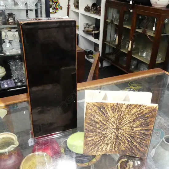 TALL BRUCE MARTIN? RECTANGULARO FORM VASE w. TENMOKU GLAZE H.370mm & CHARLES HOLME VASE