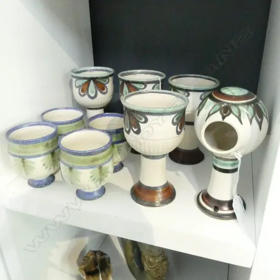 9 PCES ANNEKE BORREN N.Z. STUDIO POTTERY; 4 GOBLETS, 4 CUPS & SML. WALL PLANTER