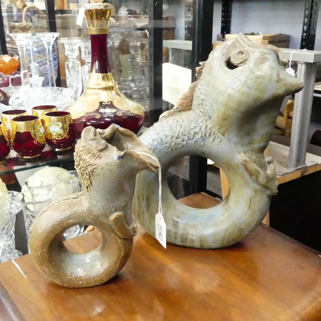 2 POTTERY CIRCULAR FISH FORM VASES H.260mm (FAULTS) Image 1++