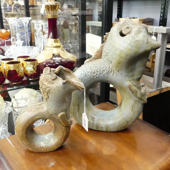 2 POTTERY CIRCULAR FISH FORM VASES H.260mm (FAULTS)