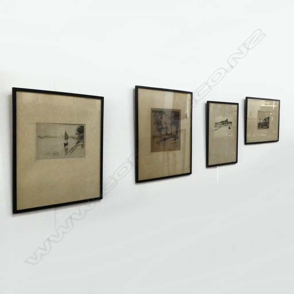 4 ETCHINGS; J. WITTINGCOMBE WINDMILL & OAK TREES, DONALD MAXWELL EUPHATES, WILLIAM LEE HANKEY VILLAGE, IAN STRANG 1920 Image 1++