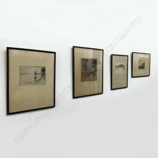 4 ETCHINGS; J. WITTINGCOMBE WINDMILL & OAK TREES, DONALD MAXWELL EUPHATES, WILLIAM LEE HANKEY VILLAGE, IAN STRANG 1920