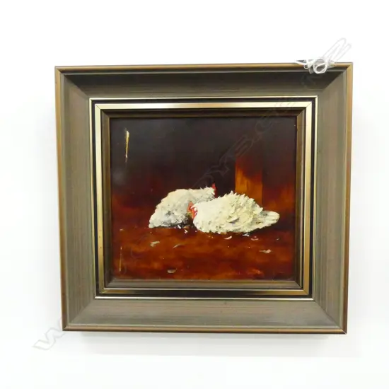SMALL OIL ON BOARD  2 HENS LAYING SIGNED BEV TAYLOR H160MMW170MM
