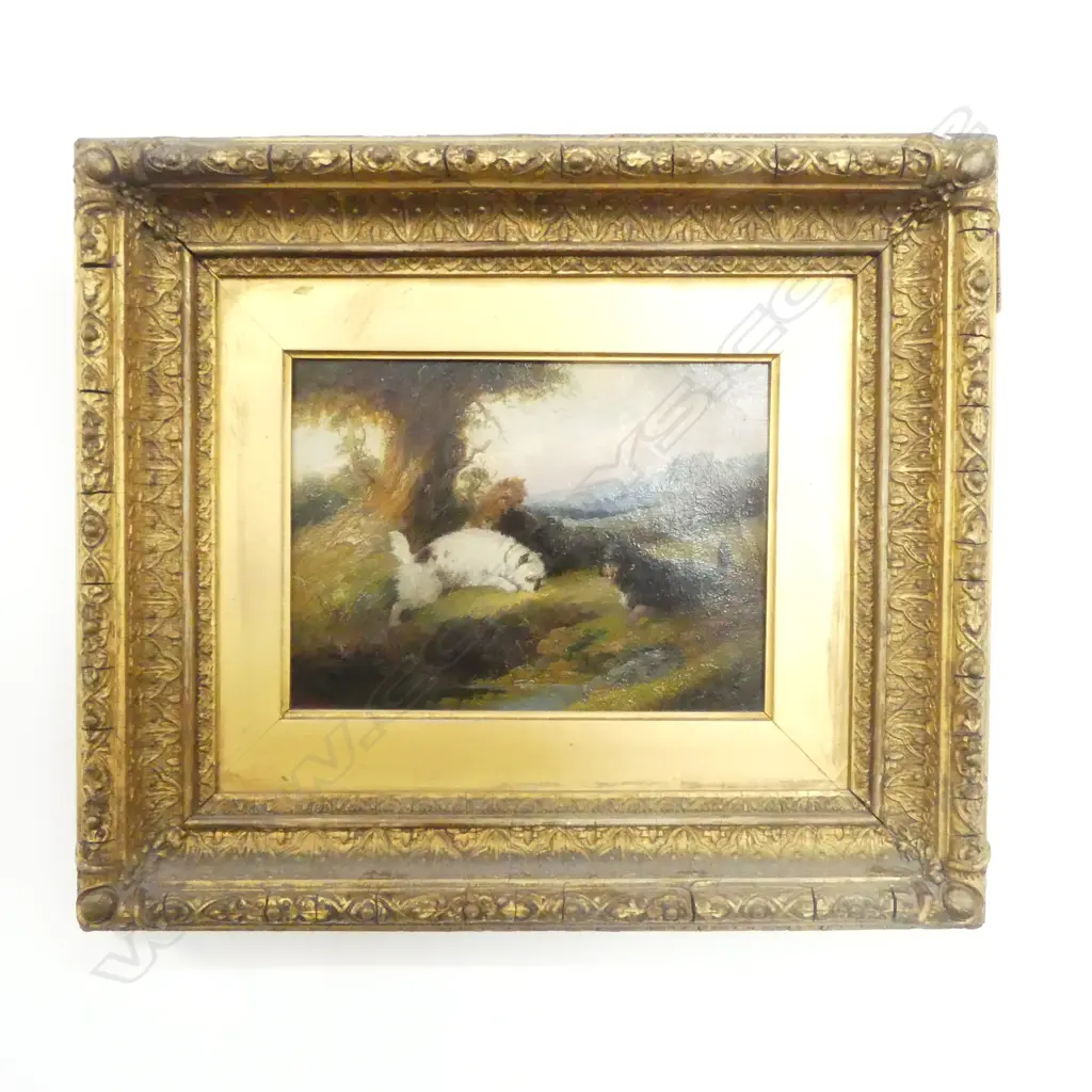 3 CAIRN TERRIERS, SIGNED & DATED 1873, OIL ON CANVAS 140x190mm Image 1++