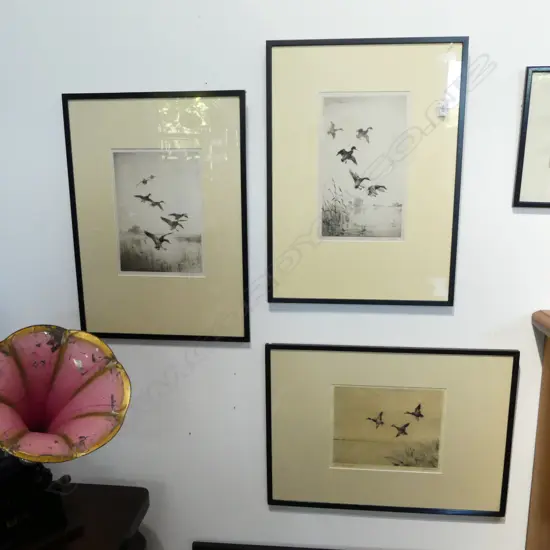 3 ETCHINGS; 2 ROLAND GREEN DUCKS IN FLIGHT 320x195mm + J. W. KNAP  'THREE MALLARDS' 220x265mm