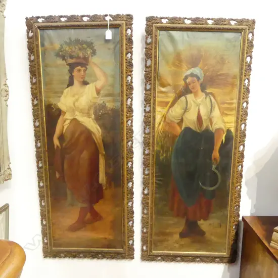 PR ANTIQUE PORTRAITS, FARMING WOMEN, OIL ON CANVAS 975x335mm faults