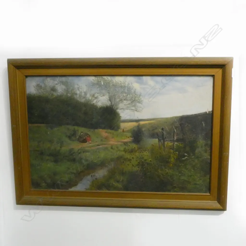 LATE 19th EARLY 20thC PASTORIAL LANDSCAPE w. FIGURES, OIL ON BOARD, 435x685mm SCRATCHES Image 1++