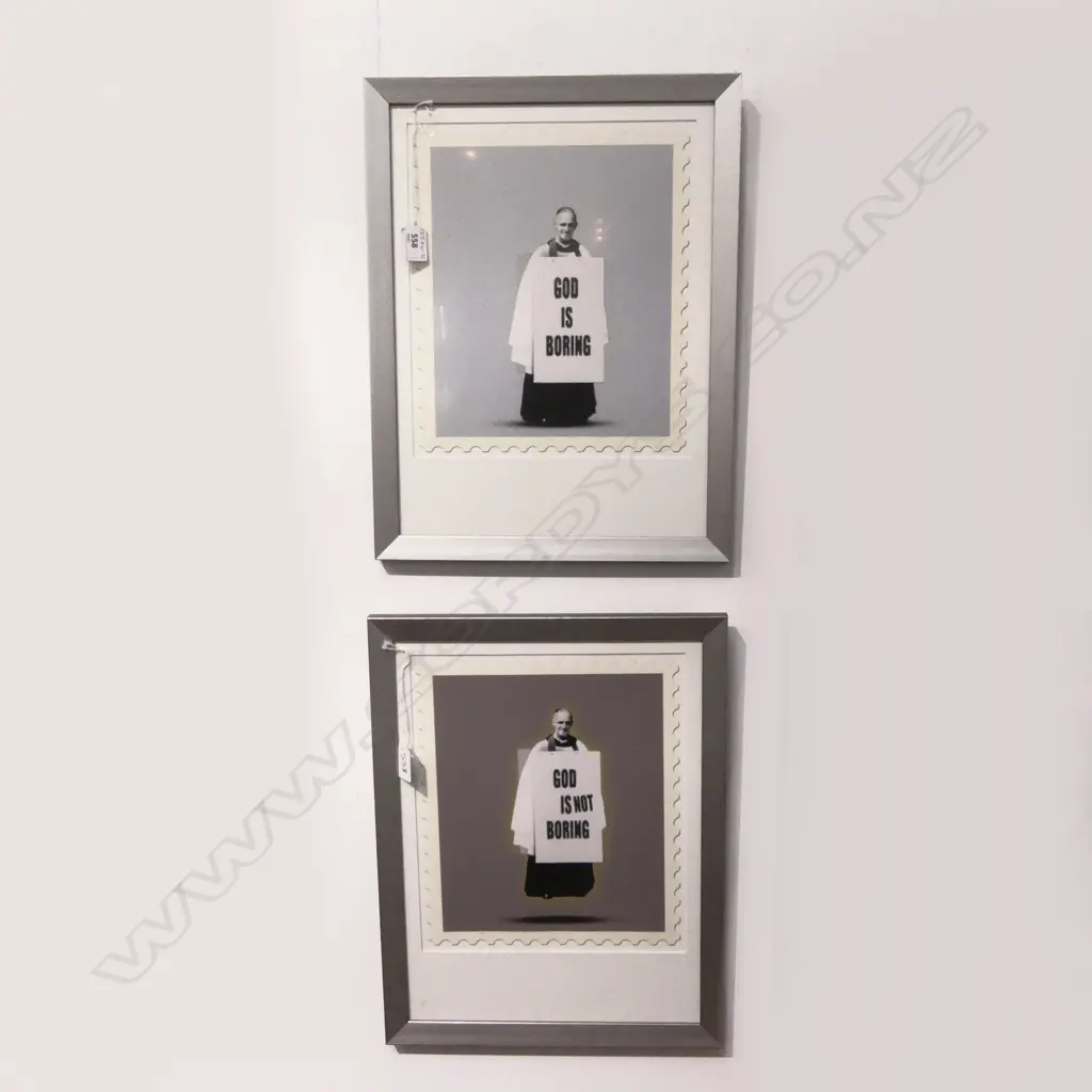 2 JAMES CAUTY PRINTS, 'GOD IS BORING' & 'GOD IS NOT BORING' 300x250mm Image 1++