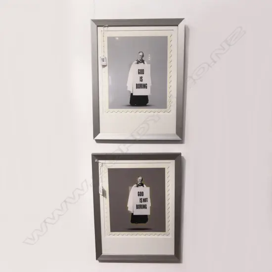 2 JAMES CAUTY PRINTS, 'GOD IS BORING' & 'GOD IS NOT BORING' 300x250mm