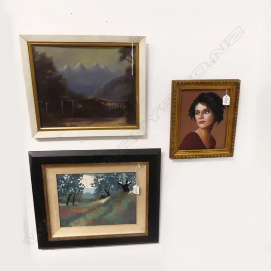 3 ORIGINAL WORKS; PORTRAIT, 2 LANDSCAPES, LARGEST 220x290x300mm