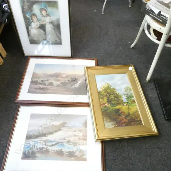 4 ARTWORKS; PR BLOMFIELD PRINTS, 19thC STYLE DOUBLE CHILD PORTRAIT, G. EMERY OIL 1908 500x290mm