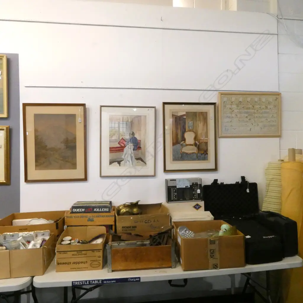 4 ARTWORKS; 2 RENA MANSON INTERIOR WCs, ORIENTAL, JOHN MOORE MOUNTAIN WC 1953 515x370mm Image 1++