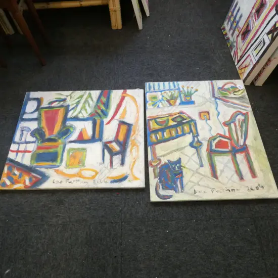 LEE FELTHAM, INTERIOR, ACRYLIC ON CANVAS x 2, 500 X 600MM provenance below
