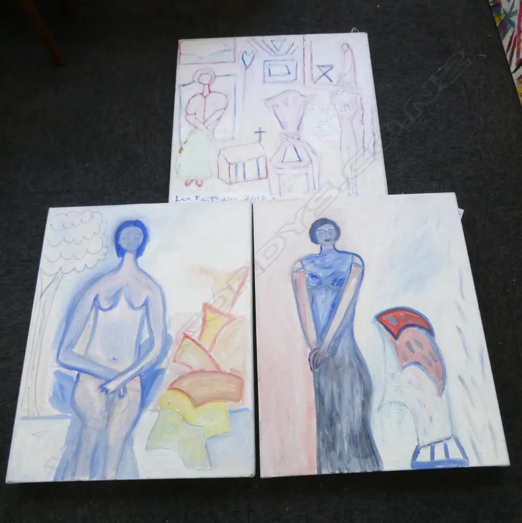 LEE FELTHAM, "DOWN BY THE SCHOOL YARD" &  NUDES, ACRYLIC ON CANVAS X 3, ONE SIGNED 2012,  500 X 400 MM, provenance below Image 1++