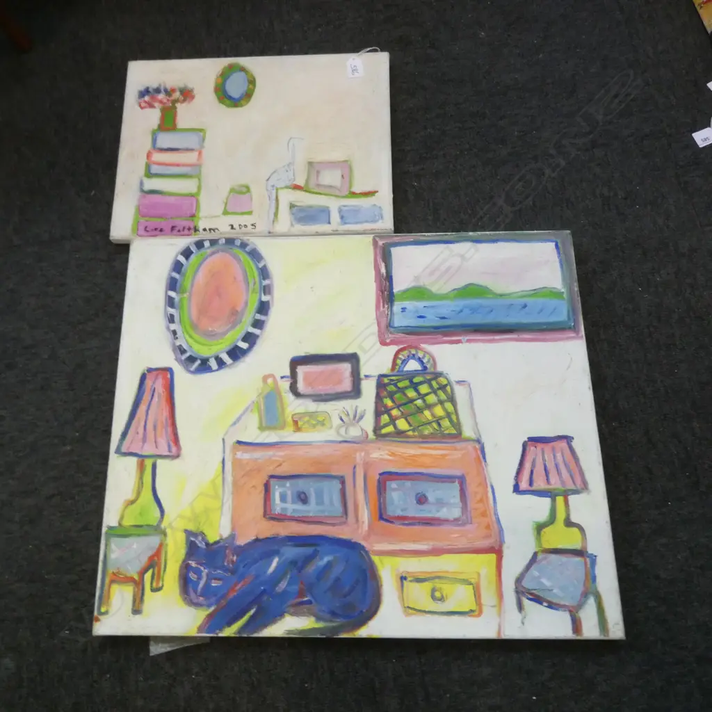 LEE FELTHAM, INTERIOR,  ACRYLIC ON CANVAS X 2, SMLL ONE SIGNED 2005, LGST 500 X 610 MM, provenance below Image 1++