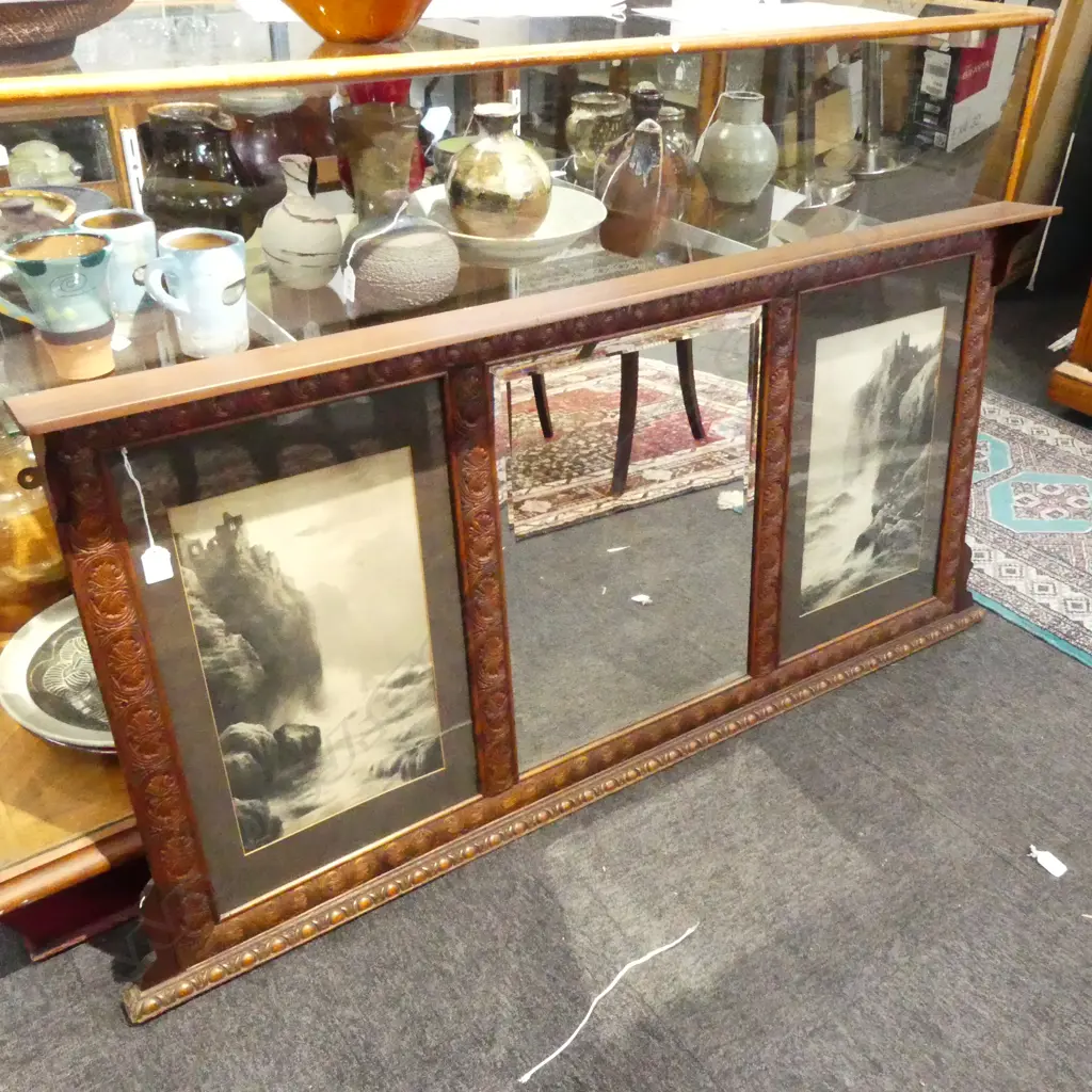 LG CARVED OVERMANTLE MIRROR w. 2 COASTAL PRINTS 690x1420mm Image 1++