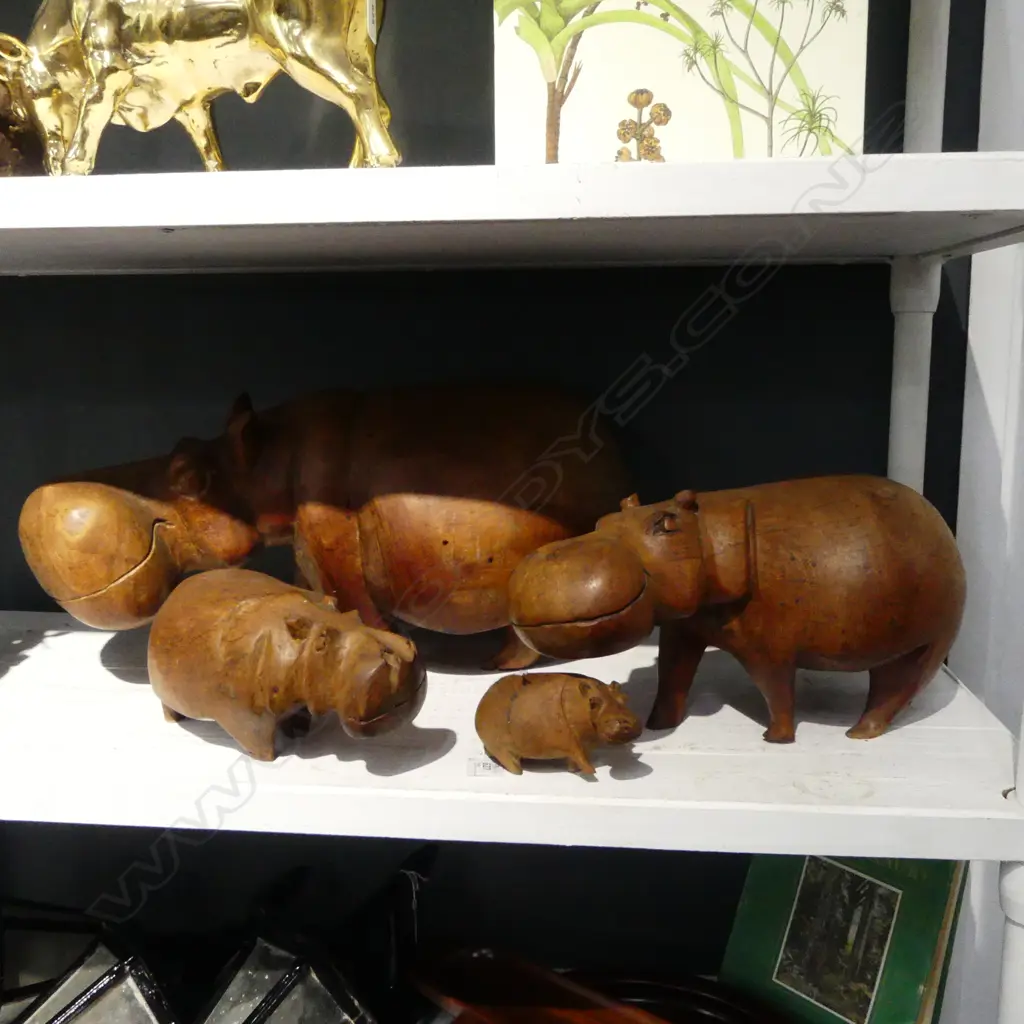 4 CARVED WOODEN HIPPOS L.500mm Image 1++