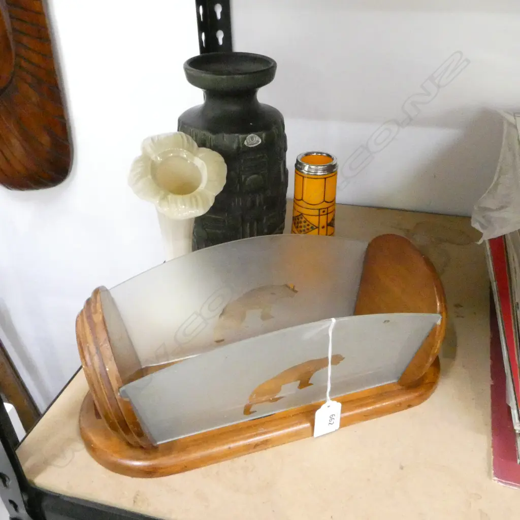 3 VASES; 'KERAMIK' H.250mm, BELEEK (HAIRLINE) Now repaired, ORANGE GLASS w. STG TRIM + DECO CONTAINER W.340mm Image 1++